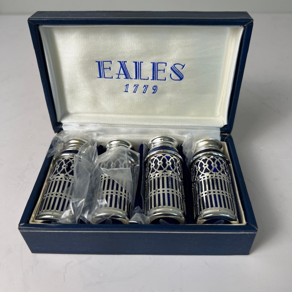 Eales 1779 Salt Pepper Shakers Cobalt Blue Silver Plate Filigree Vintage Japan
